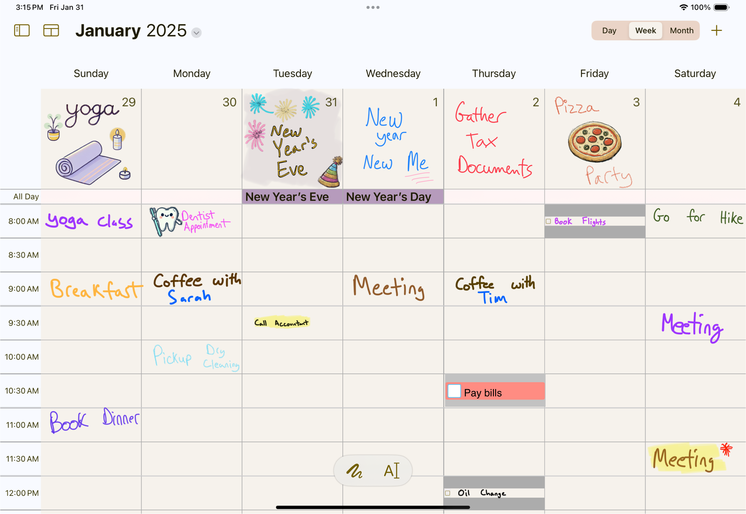 CalenDraw app interface showing a creative calendar with hand-drawn elements and organizational tools